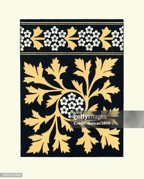 luxury flower and leaf floral design pattern, black, yellow, victorian - victorian pattern stock illustrations