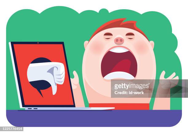 ilustrações de stock, clip art, desenhos animados e ícones de kid screaming with laptop and thumbs down - kid middle finger