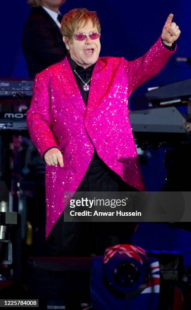 Sir Elton John performs at The Diamond Jubilee Concert in front of Buckingham Palace attended by Queen Elizabeth ll and members of the royal family...