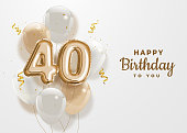 Happy 40th birthday gold foil balloon greeting background.