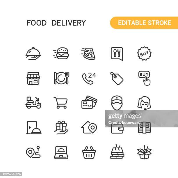 food delivery icons editable stroke - einkaufskorb stock-grafiken, -clipart, -cartoons und -symbole