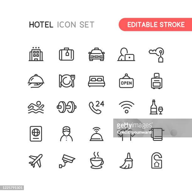 illustrazioni stock, clip art, cartoni animati e icone di tendenza di icone struttura hotel tratto modificabile - assistenza