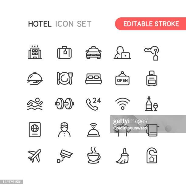 bildbanksillustrationer, clip art samt tecknat material och ikoner med hotell konturikoner redigerbar linje - business icons set