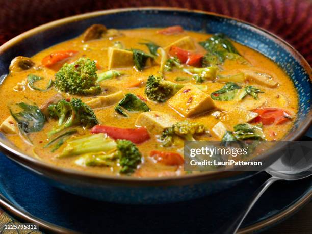 tofu curry soep met groenten - thaïse gerechten stockfoto's en -beelden