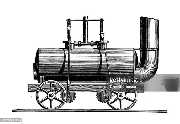 stockillustraties, clipart, cartoons en iconen met antieke illustratie van wetenschappelijke ontdekkingen, experimenten en uitvindingen: de treinlocomotief van de stoom - machine valve