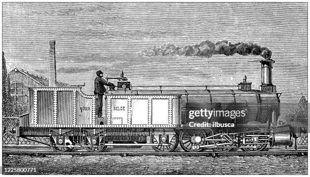 stockillustraties, clipart, cartoons en iconen met antieke illustratie van wetenschappelijke ontdekkingen, experimenten en uitvindingen: de treinlocomotief van de stoom - machine valve