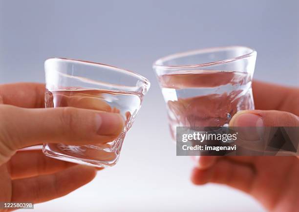 toasting with cold sake - copo de saké - fotografias e filmes do acervo