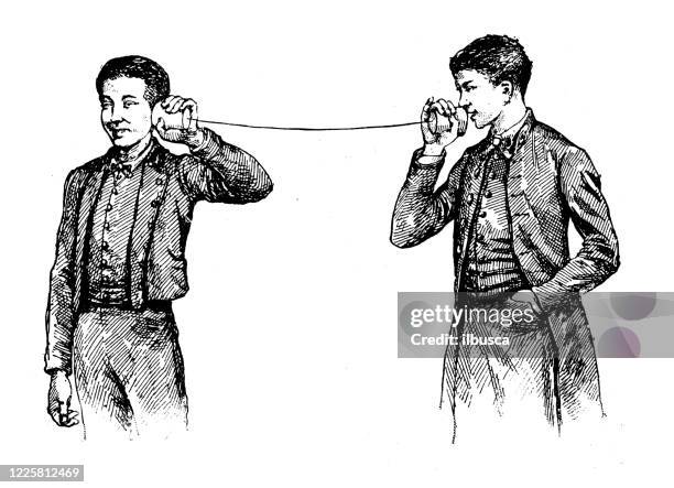 antique illustration of scientific discoveries, experiments and inventions: telephone, microphone, transmitter - scientific experiment stock illustrations
