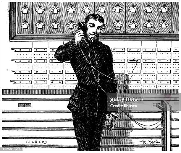 antike illustration wissenschaftlicher entdeckungen, experimente und erfindungen: telefon, schalttafelaustausch - telephone switchboard stock-grafiken, -clipart, -cartoons und -symbole