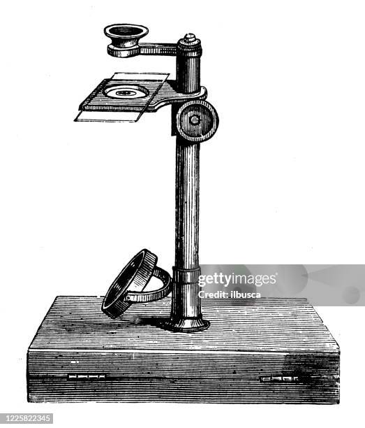 antique illustration of scientific discoveries, experiments and inventions: optics, microscope and magnifying lens - microscope lens stock illustrations