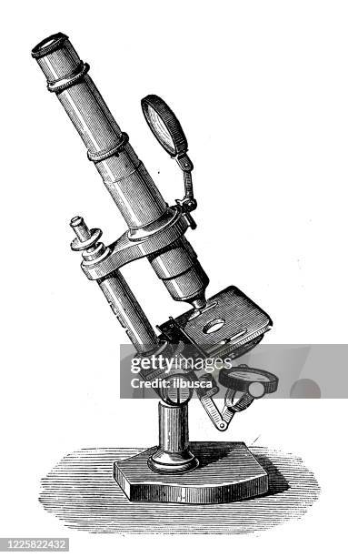 antique illustration of scientific discoveries, experiments and inventions: optics, microscope and magnifying lens - etching stock illustrations