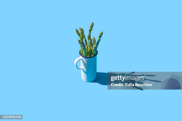 asparagus in a white cup on the blue background - spargel stock-fotos und bilder