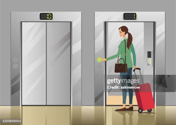 woman pushing elevator button - open suitcase stock illustrations