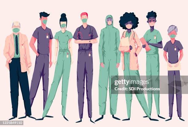 covid-19 front line workers - white suit stock illustrations