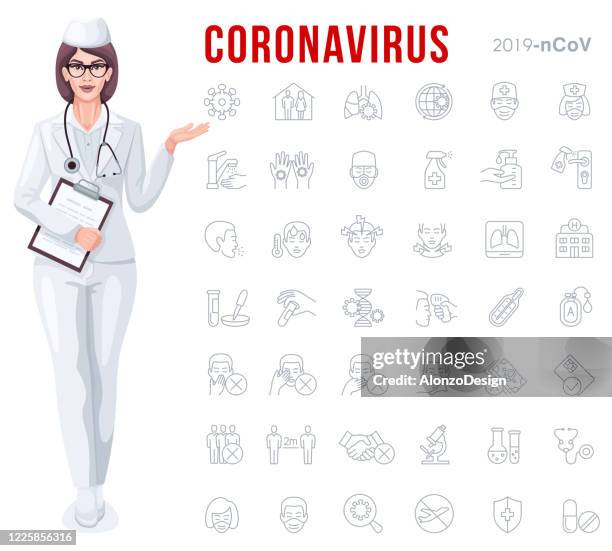 female doctor with covid-19 outbreak prevention icon set - covering cough stock illustrations