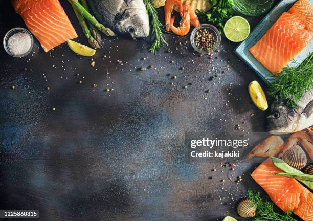 fresh seafood background - seafood stock pictures, royalty-free photos & images