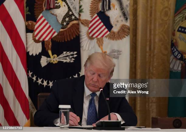 President Donald Trump signs a signed the executive order on DOT deregulation, during a meeting with his cabinet in the East Room of the White House...