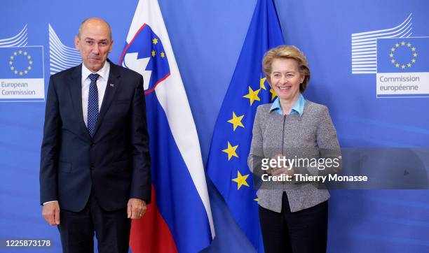 Slovenian Prime Minister Janez Jansa is welcomed by the President of the European Commission Ursula von der Leyen prior to a bilateral meeting in the...