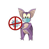 Little cartoon bat wearing mask and holding crossed coronavirus sign on white isolated background, vector illustration and concept of Pandemic, Animals, Coronavirus for Medicine and Nature topics.