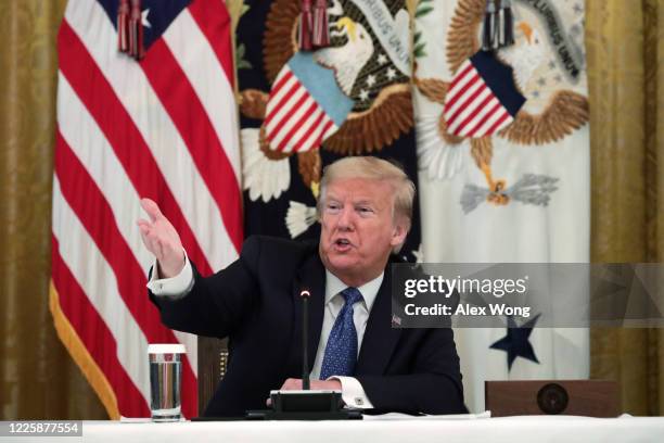 President Donald Trump speaks during a meeting with his cabinet in the East Room of the White House on May 19, 2020 in Washington, DC. Earlier in the...