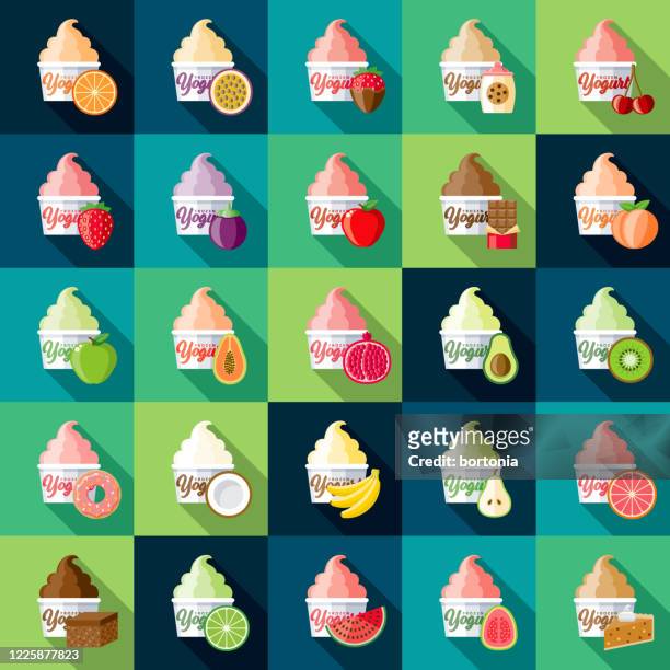 ilustraciones, imágenes clip art, dibujos animados e iconos de stock de conjunto de icono de sabores de yogur congelado - frozen apple