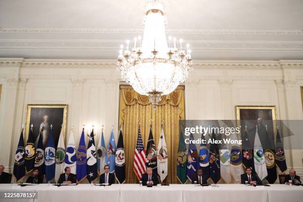 President Donald Trump speaks during a meeting with his cabinet in the East Room of the White House on May 19, 2020 in Washington, DC. Earlier in the...