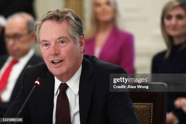 Trade Representative Robert Lighthizer speaks during a cabinet meeting in the East Room of the White House on May 19, 2020 in Washington, DC. Earlier...