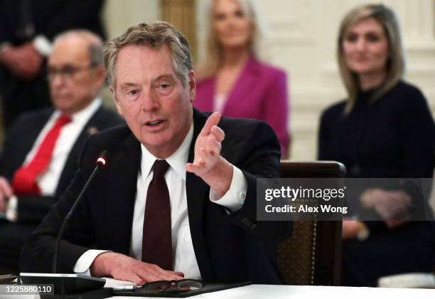 Trade Representative Robert Lighthizer speaks during a cabinet meeting in the East Room of the White House on May 19, 2020 in Washington, DC. Earlier...