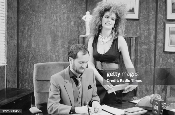 Comedian Kenny Everett and actress Cleo Rocos in a sketch for the BBC television series 'The Kenny Everett Television Show', January 26th 1983.