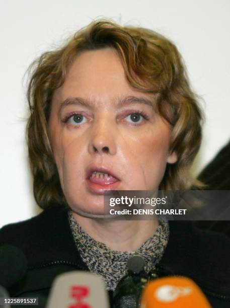 Isabelle Dinoire, the woman who received the world's first facial face transplant last November in Amiens, northern France, holds a press conference...