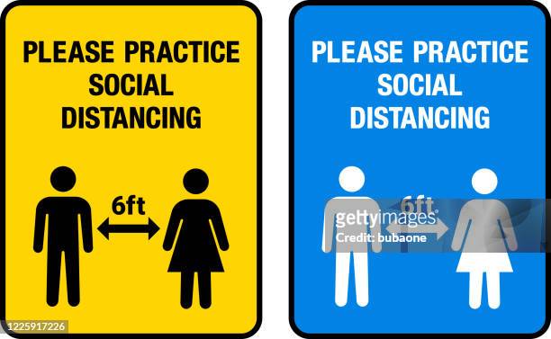 please practice social distancing covid-19 coronavirus vector sign - stick figure mask stock illustrations