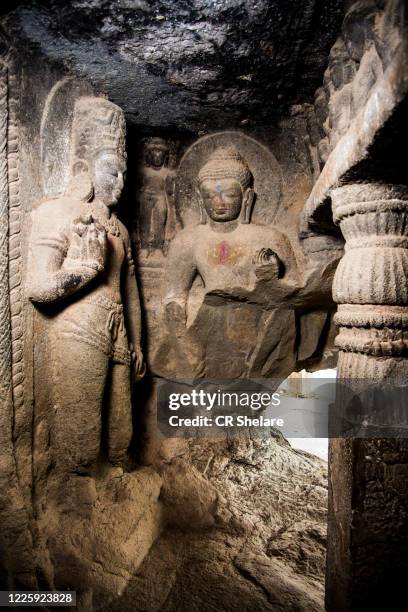 inside view of the pandav leni the buddha caves at nashik, maharashtra, india. - nasik caves stock pictures, royalty-free photos & images