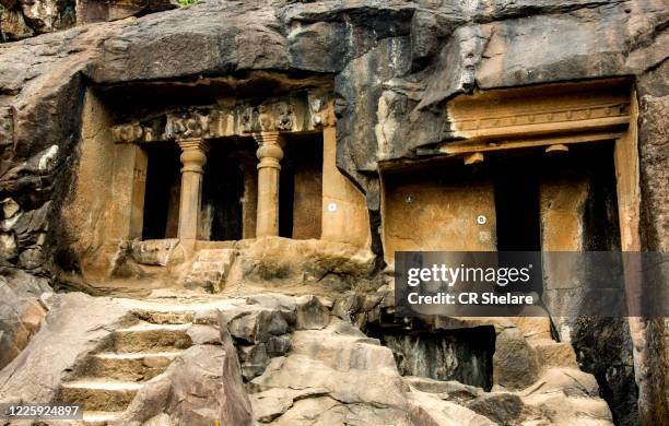 facade of pandav leni the buddha caves at nashik, maharashtra, india. - nasik caves stock pictures, royalty-free photos & images