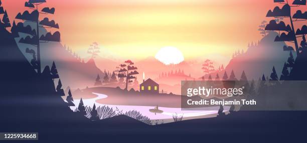 lake with house in a pine forest, and mountains at sunset - lake logo stock illustrations