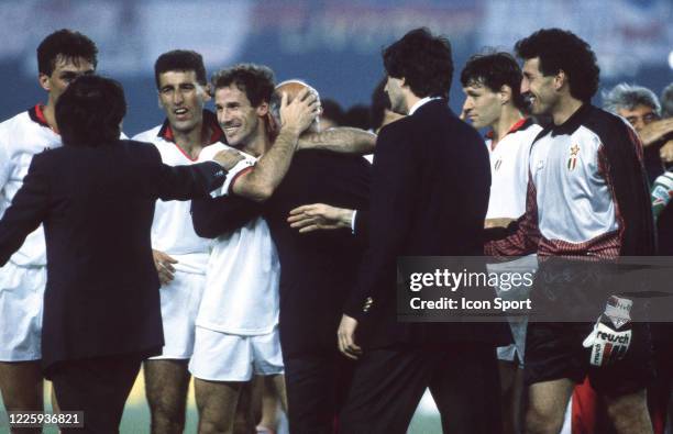 Franco BARESI and Arrigo SACCHI head coach of Milan AC celebrate the victory during the European Cup Final match between Steaua Bucuresti and Milan...
