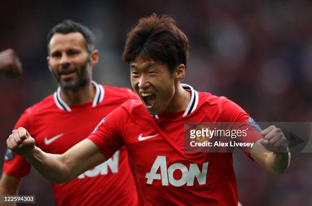 Ji-Sung Park of Manchester United celebrates after scoring his goal during the Barclays Premier League match between Manchester United and Arsenal at...