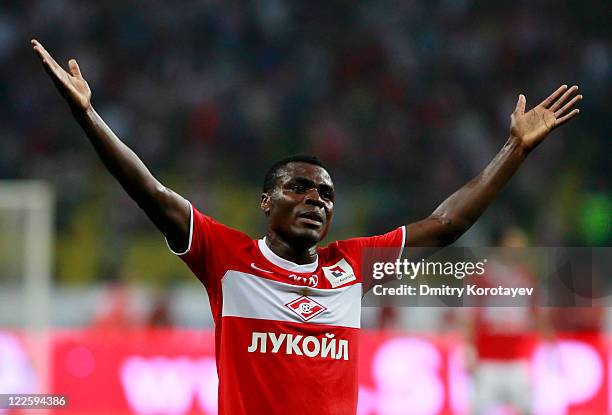 Emmanuel Emenike of FC Spartak Moscow reacts during the Russian Football League Championship match between FC Spartak Moscow and PFC CSKA Moscow at...