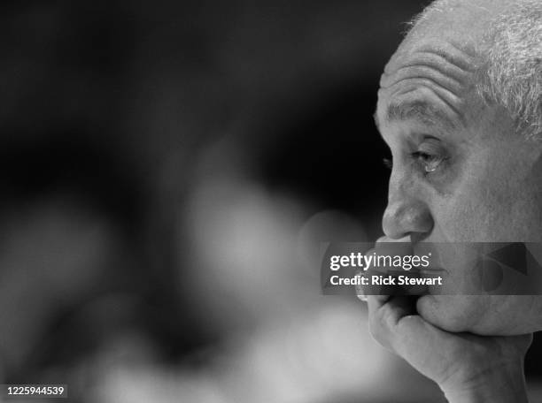 This image has been converted to black and white.) Jerry Tarkanian head coach for the University of Las Vegas Nevada Rebels during the NCAA Pacific...