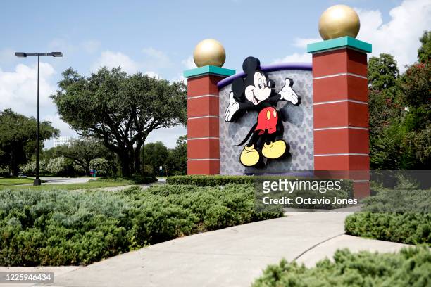 View of Mickey Mouse at the Walt Disney World theme park entrance on July 9, 2020 in Lake Buena Vista, Florida. The theme park is scheduled to reopen...