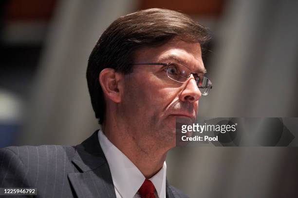 Defense Secretary Mark Esper arrives for a House Armed Services Committee hearing on July 9, 2020 in Washington, DC. Esper was scheduled to testify...