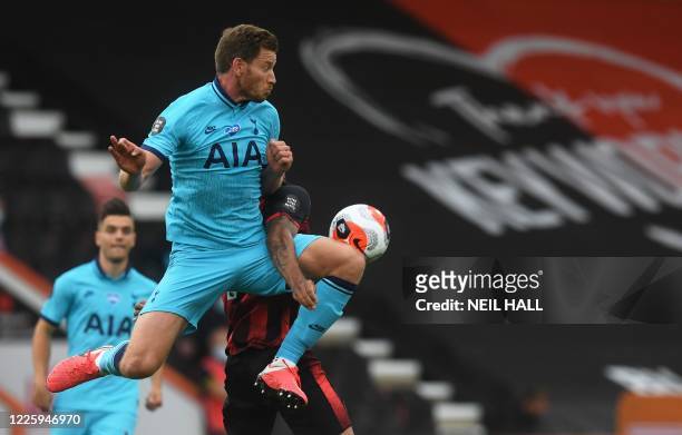 Tottenham Hotspur's Belgian defender Jan Vertonghen jumps for the ball during the English Premier League football match between Bournemouth and...