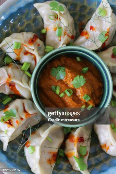 image of steamed momos (south asian dumplings), white flour and water dough filled with chicken and mixed vegetables, drizzled with chilli oil, on plate surrounding ramekin of orange spicy dipping sauce, elevated view - chinese dumpling stock pictures, royalty-free photos & images