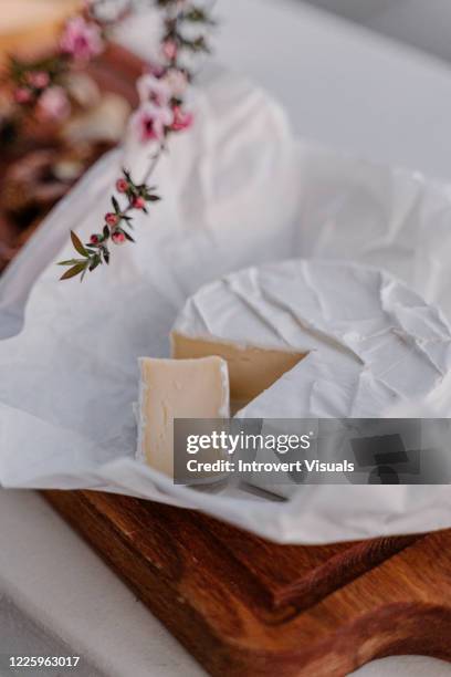 close-up brie camembert cheese with branch of flowers - camembert photos et images de collection