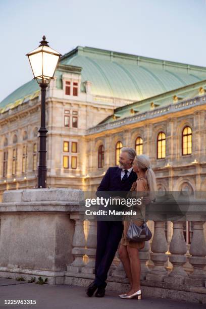 a couple standing arm in arm leaning against a balustrade during early evening in vienna. - evening wear ストックフォトと画像