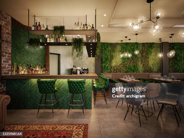 cafe/restaurant. interior design. computer generated image. architectural visualization. 3d rendering. - pub wall stock pictures, royalty-free photos & images