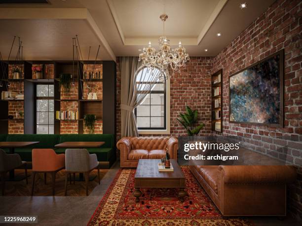 cafe/restaurant. interior design. computer generated image. architectural visualization. 3d rendering. - cosy pub stock pictures, royalty-free photos & images