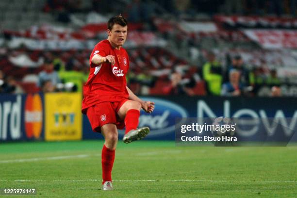 John Arne Riise of Liverpool in action during the UEFA Champions League final between AC Milan and Liverpool at the Ataturk Olympic Stadium on May...