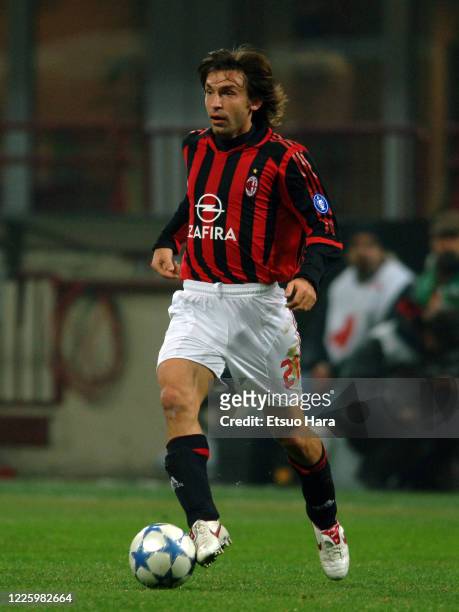 Andrea Pirlo of AC Milan in action during the UEFA Champions League Group E match between AC Milan and PSV Eindhoven at the Stadio Giuseppe Meazza on...