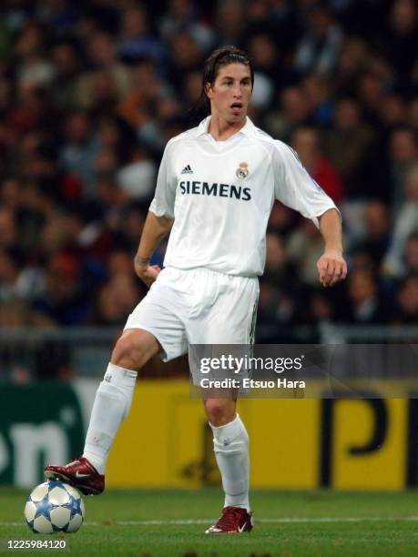 Sergio Ramos of Real Madrid in action during the UEFA Champions League Group F match between Real Madrid and Olympique Lyonnais at the Estadio...