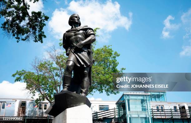 Statue of Christopher Columbus is pictured on July 9, 2020 in the Astoria neighbourhood in the Queens borough of New York City. - Activists have...